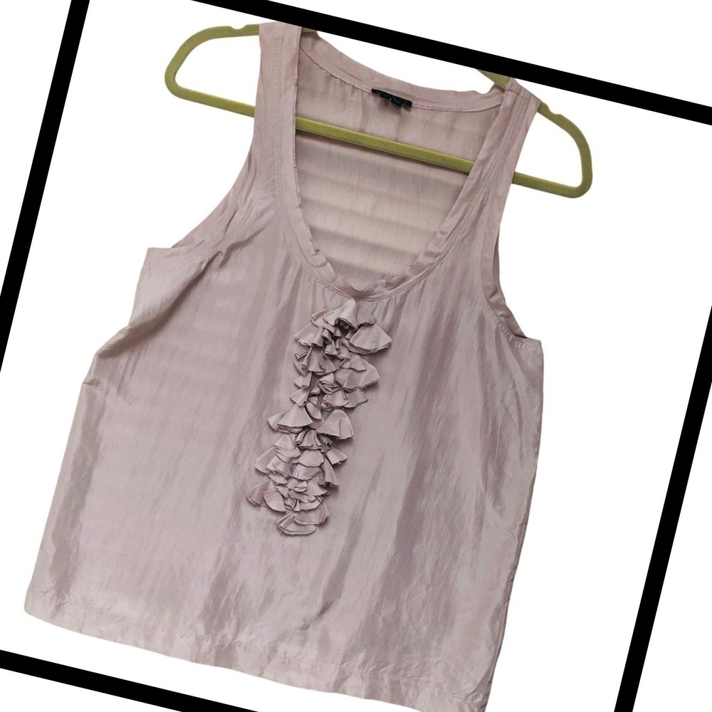 Theory Silk Tank Top Ruffle‎ Minimalist Layering Coquette Balletcore Tan Women L